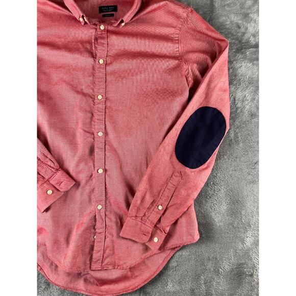 Zara Man Slim Fit Red Button Down Shirt Navy Elbow Patches Size L  * - Picture 9 of 9